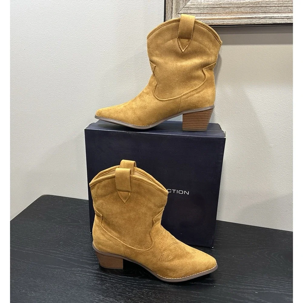 FRENCH CONNECTION COGNAC VEGAN LEATHER SUEDE WOMEN'S COWBOY STYLE BOOTS SZ 9 NIB